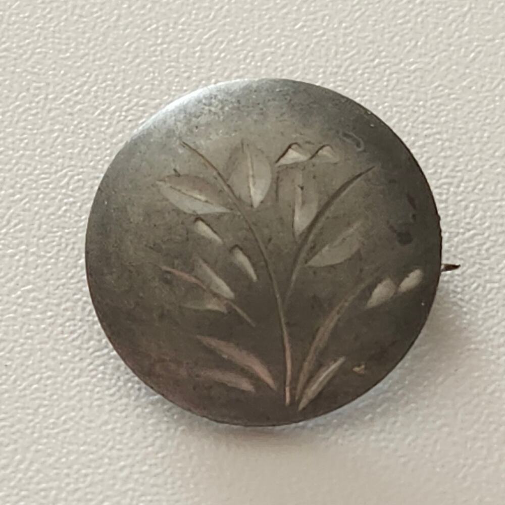 Antique 1890s Engraved Floral Round Brooch Pin Silver Tone Victorian C Clasp
